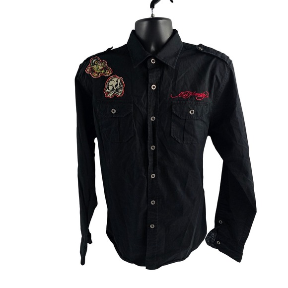 Ed Hardy Shirt Black Long Sleeve Button Up Embroidered Skull Patches Mens - Picture 1 of 12